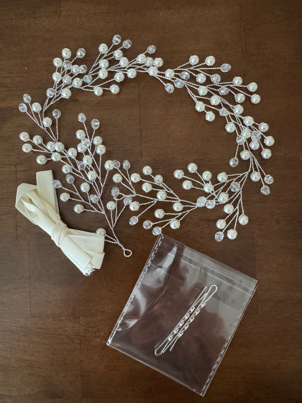 Pearl & Crystal Bridal Hair Vine with Ivory Ribbon